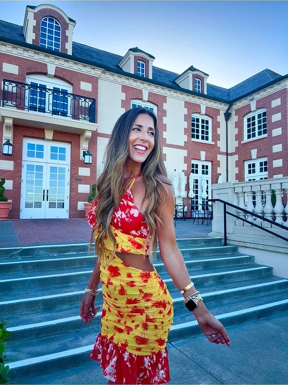 Yellow Base Red Floral Print Chiffon Halter Tie Ruched Flare Mini Dress - Picture 4 of 6
